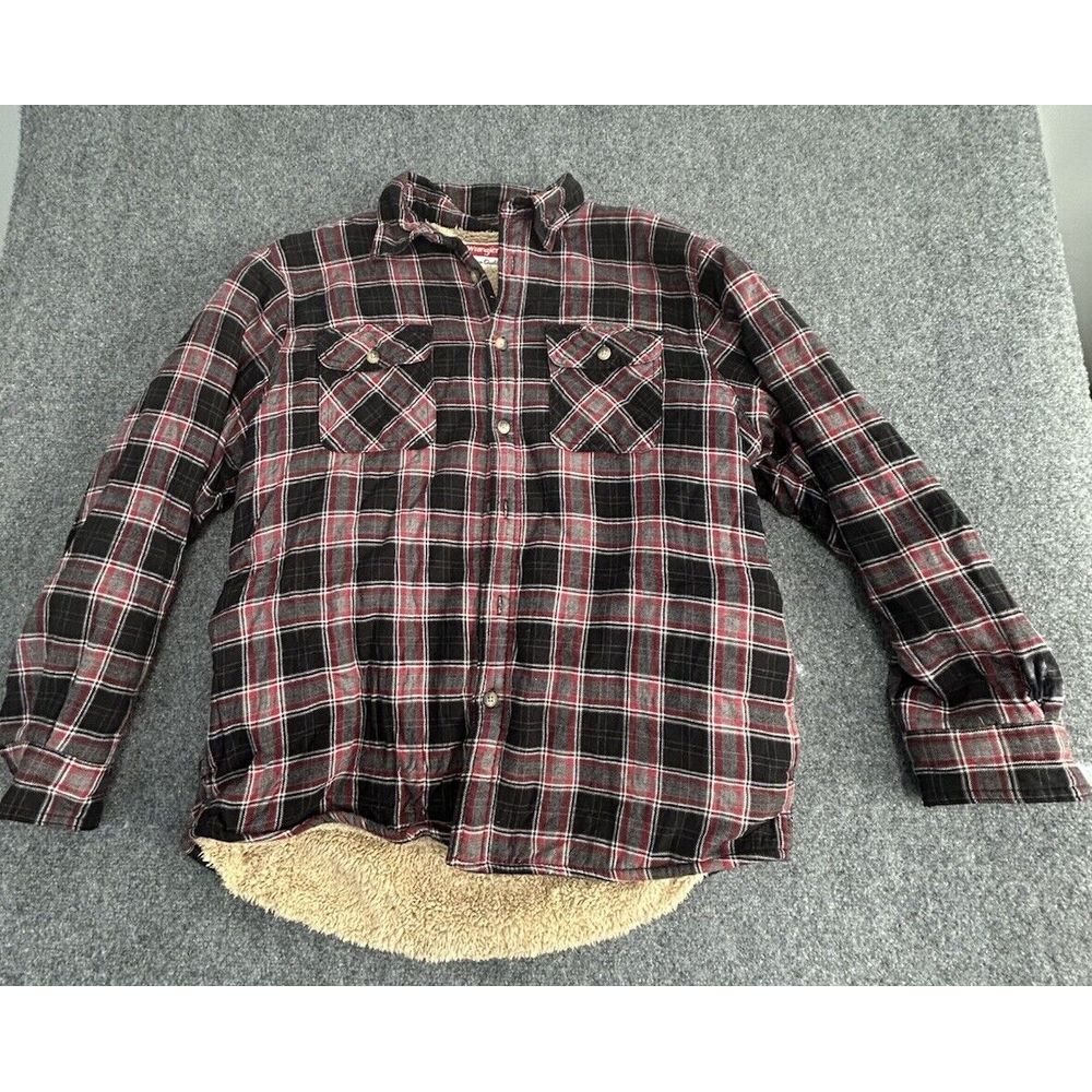 Men's Wrangler Shacket Authentic Plaid Flannel Button Large Sherpa Fleece Lined